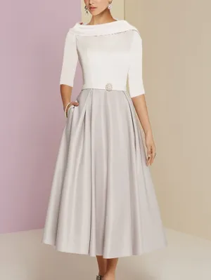 A-Line Mother of the Bride Dress Wedding Guest Vintage Elegant Jewel Neck Tea Length Charmeuse Half Sleeve with Pleats Crystals 2023