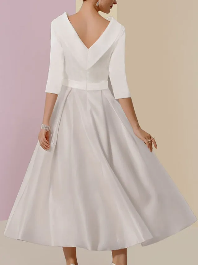 A-Line Mother of the Bride Dress Wedding Guest Vintage Elegant Jewel Neck Tea Length Charmeuse Half Sleeve with Pleats Crystals 2023