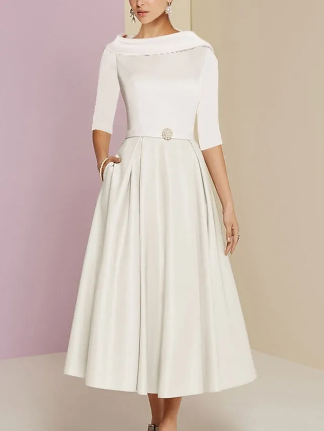 A-Line Mother of the Bride Dress Wedding Guest Vintage Elegant Jewel Neck Tea Length Charmeuse Half Sleeve with Pleats Crystals 2023