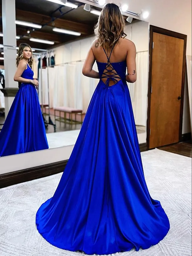 A-Line Prom Dresses Empire Dress Formal Court Train Sleeveless V Neck Satin Backless with Beading Appliques 2023