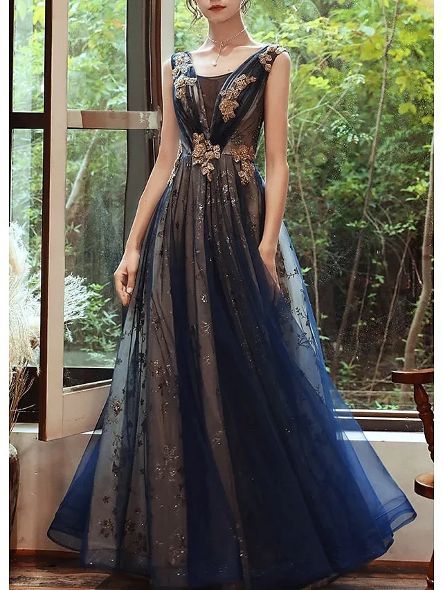 A-Line Prom Dresses Glittering Dress Evening Party Floor Length Sleeveless Scoop Neck Organza with Sequin 2023