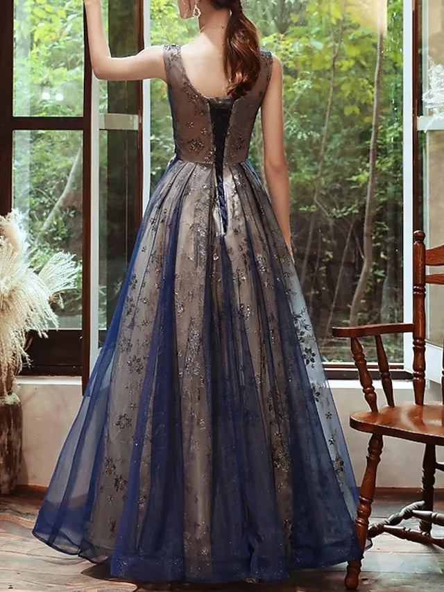 A-Line Prom Dresses Glittering Dress Evening Party Floor Length Sleeveless Scoop Neck Organza with Sequin 2023