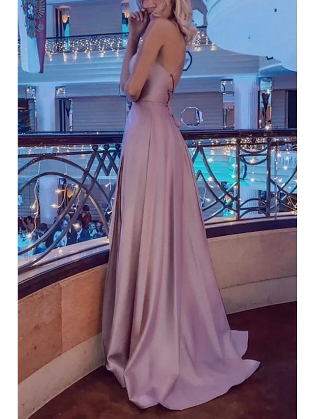 A-Line Prom Dresses Sexy Dress Formal Sweep / Brush Train Sleeveless Strapless Stretch Satin Backless with Pleats Slit 2023