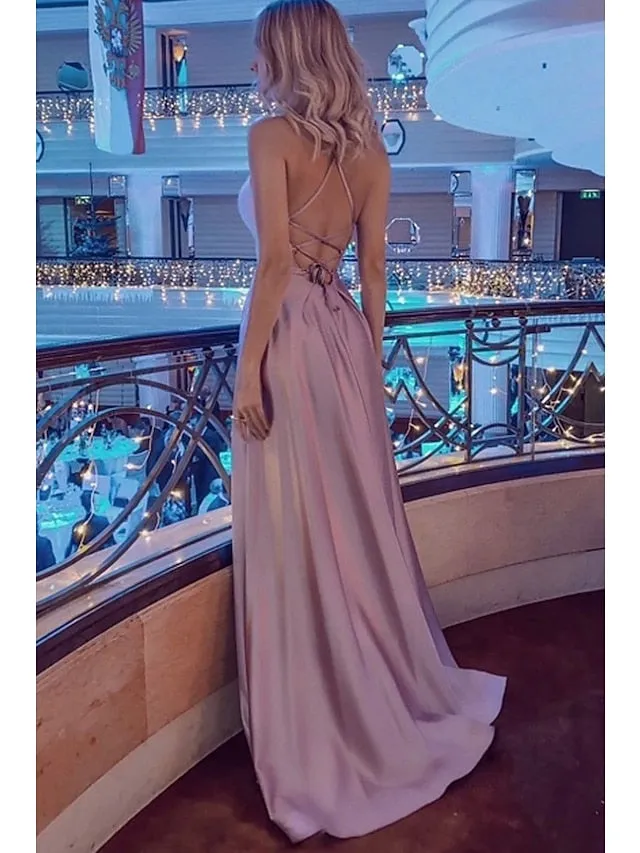 A-Line Prom Dresses Sexy Dress Formal Sweep / Brush Train Sleeveless Strapless Stretch Satin Backless with Pleats Slit 2023