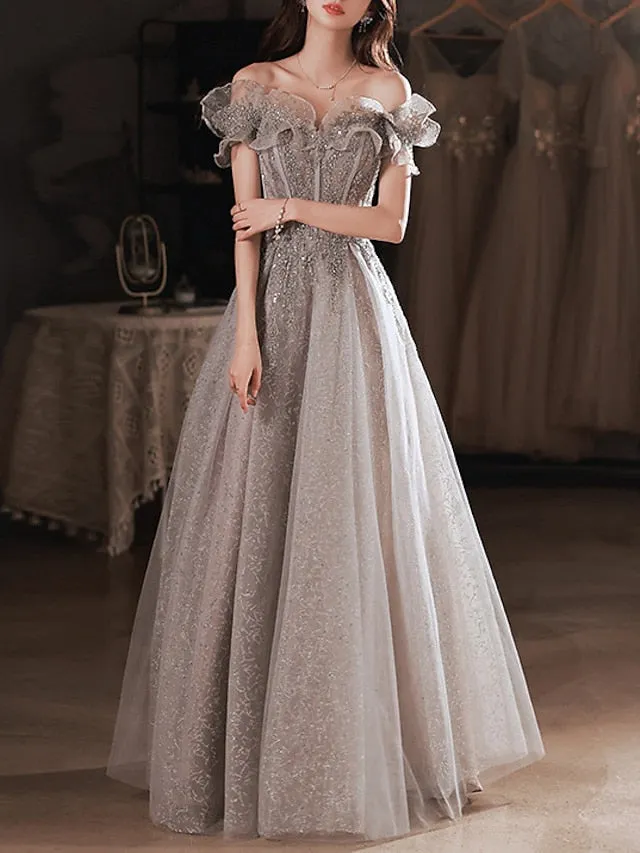 A-Line Sparkle & Shine Prom Formal Evening Dress Off Shoulder Short Sleeve Floor Length Polyester with Sequin Ruffles 2022