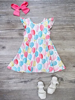 Balloon Party Blue & Pink Flutter Sleeve Girls Birthday Dress