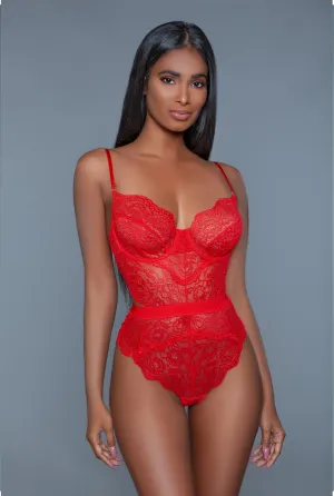 Bettany Bodysuit, Allover Lace Design Teddy with Adjustable Spaghetti Straps