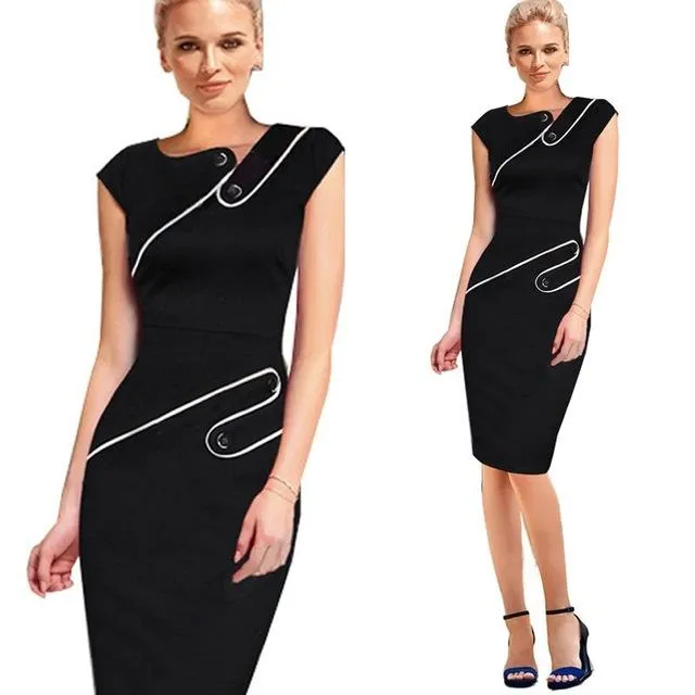 Black Dress Tunic Women Formal Work Office Sheath Patchwork Line Asymmetrical Neck Knee Length Plus Size Pencil Dress B63 B231