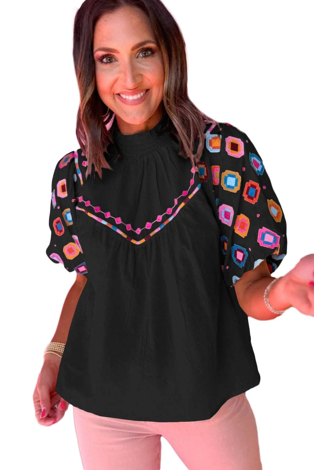 Black Geometric Embroidered Smocked Neck Puff Sleeve Top