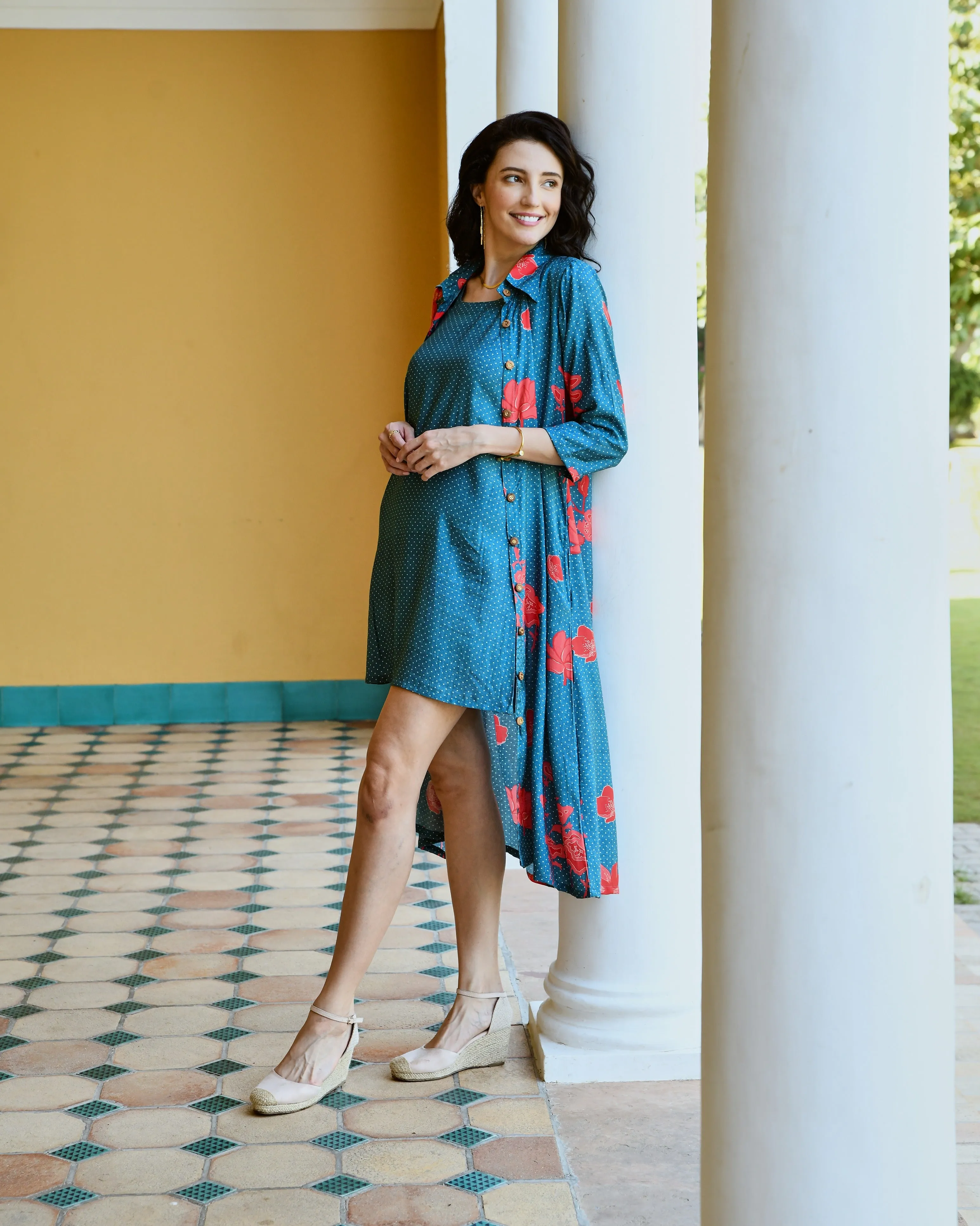 BLUE LONG ALINE SHIRT WITH PRINTED SLIP