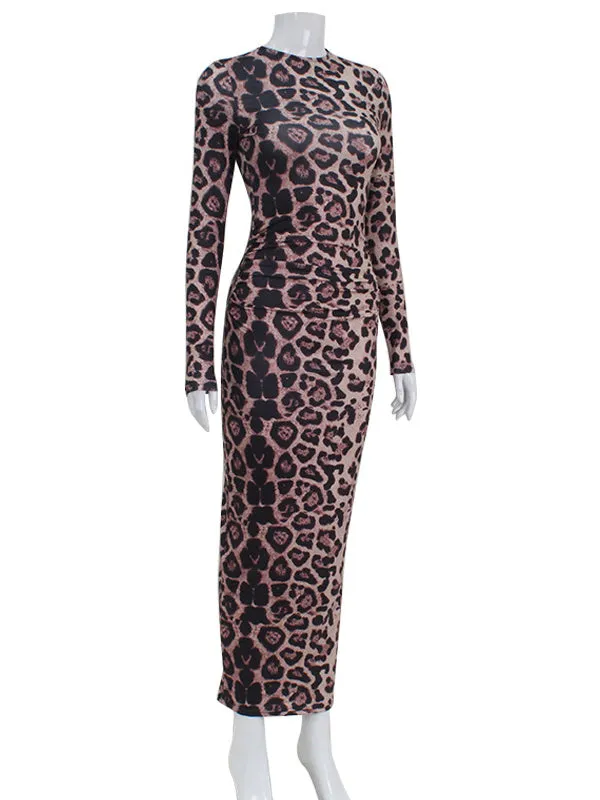 Bodycon Long Sleeves Leopard Printed Round-Neck Maxi Dresses