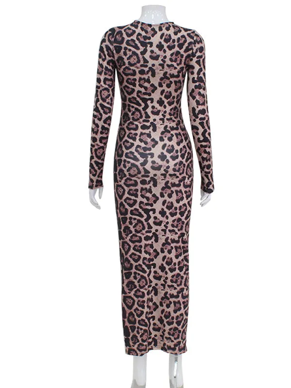 Bodycon Long Sleeves Leopard Printed Round-Neck Maxi Dresses