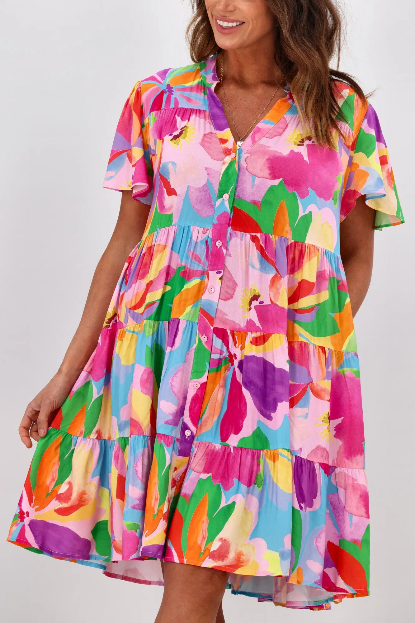 Boho Australia Hibiscus Hues Short Dress Multi