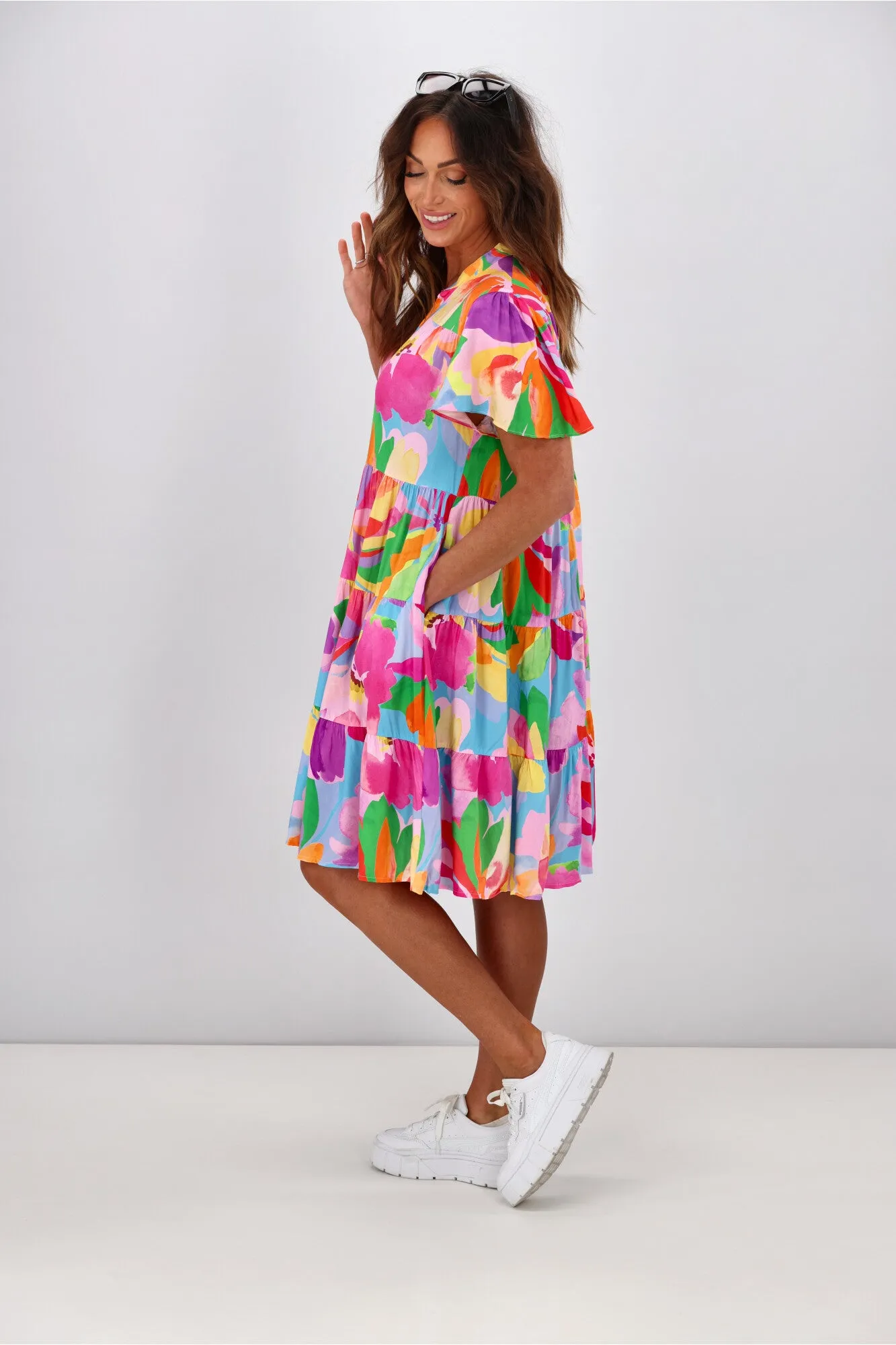 Boho Australia Hibiscus Hues Short Dress Multi