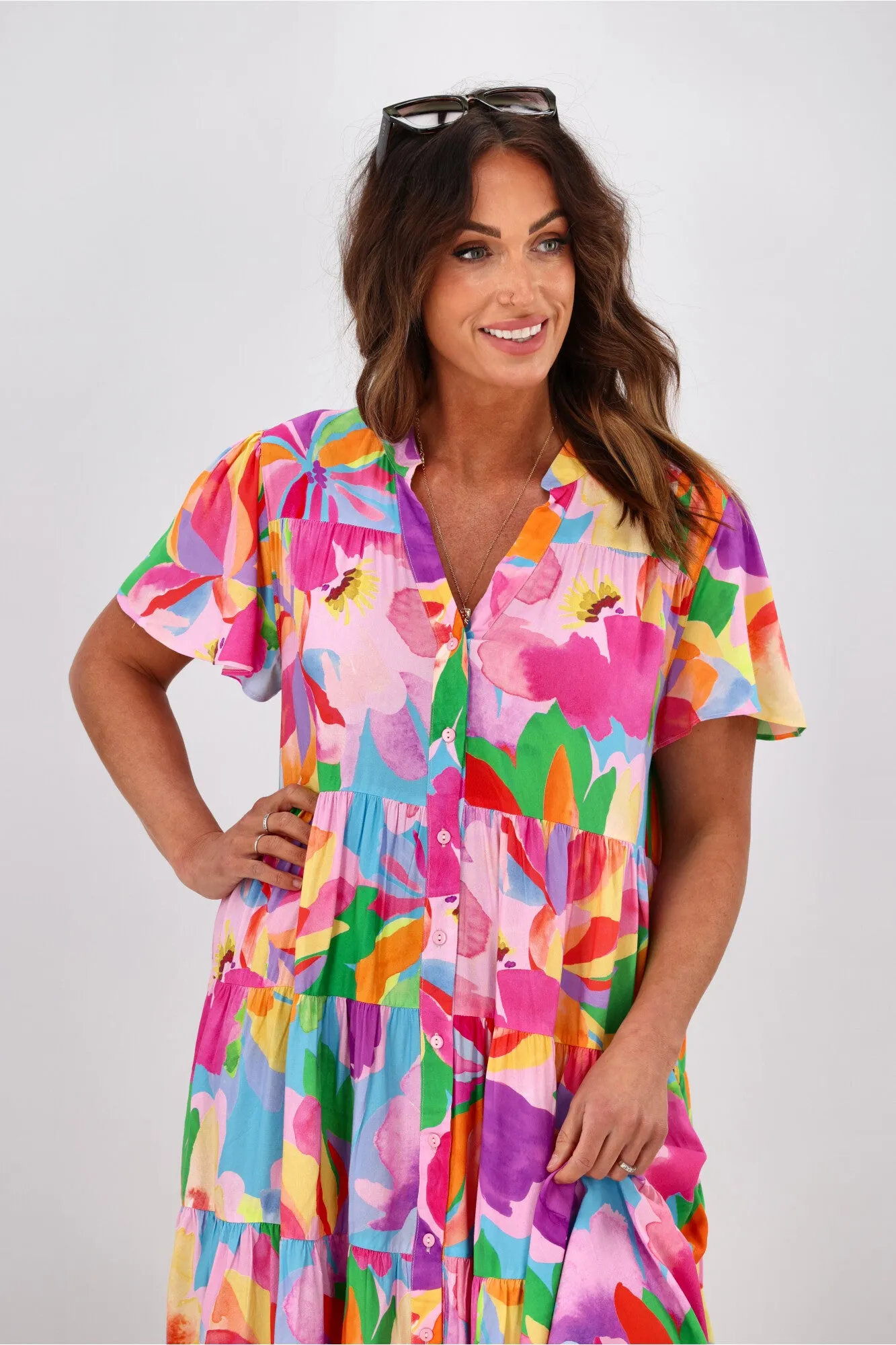 Boho Australia Hibiscus Hues Short Dress Multi