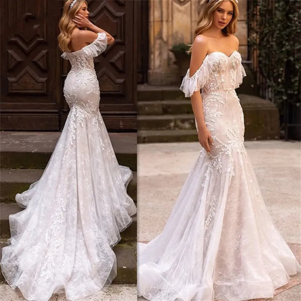 Boho Mermaid Wedding Dresses Delicate Off The Shoulder Design Bridal Gowns Sexy Tulle Sweep Train Vestidos De Novia