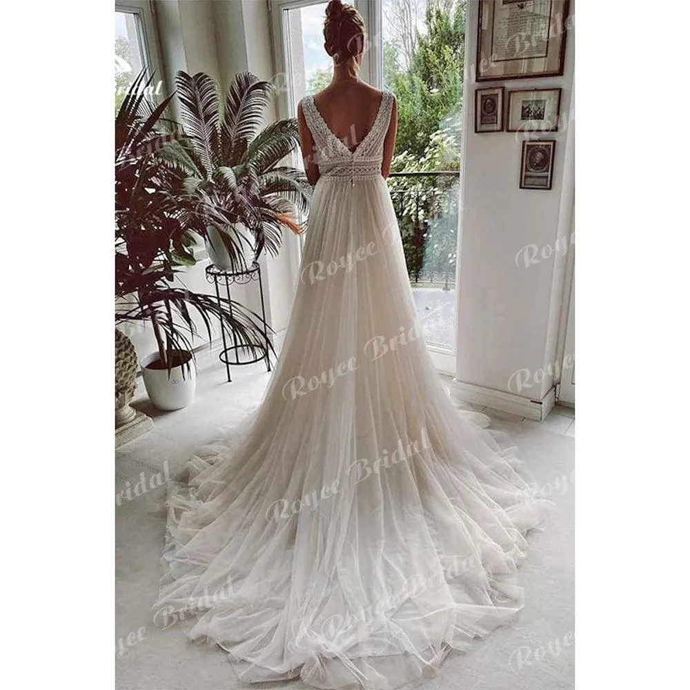 Boho Wedding Dresses 2024 V Neck Beach Lace Bridal Wedding Gowns Elegant Bohemian Tulle A Line Bridal Dress vestidos de novia