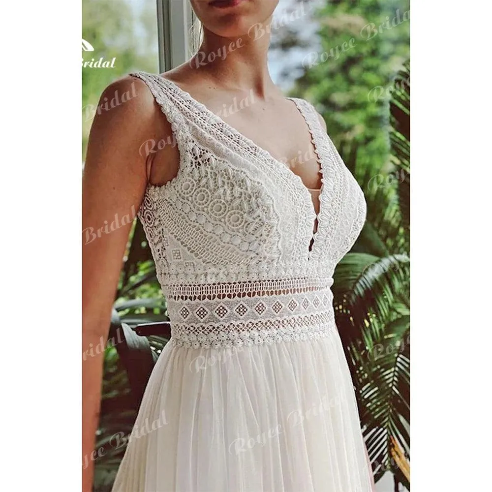 Boho Wedding Dresses 2024 V Neck Beach Lace Bridal Wedding Gowns Elegant Bohemian Tulle A Line Bridal Dress vestidos de novia