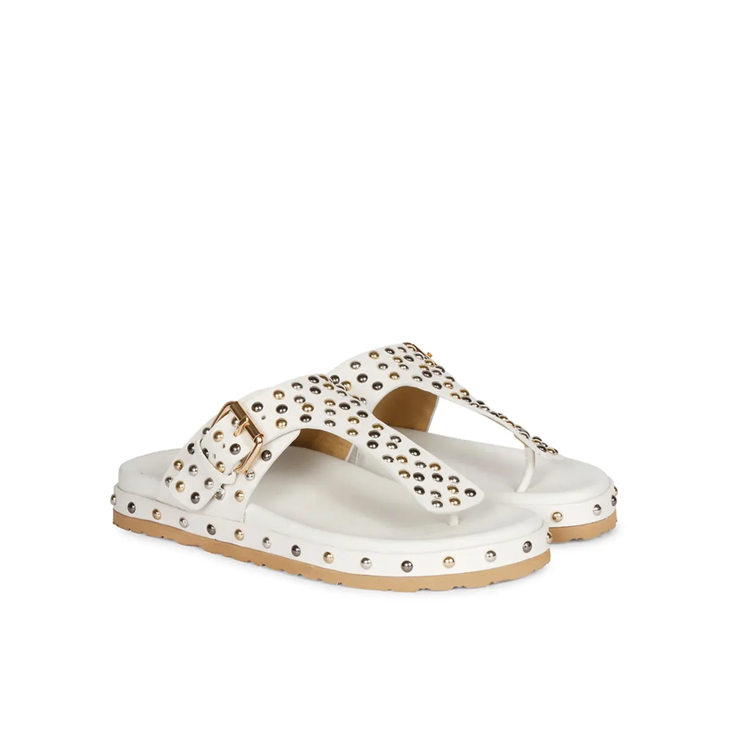 Boston Studded Buckle White Leather Sandal