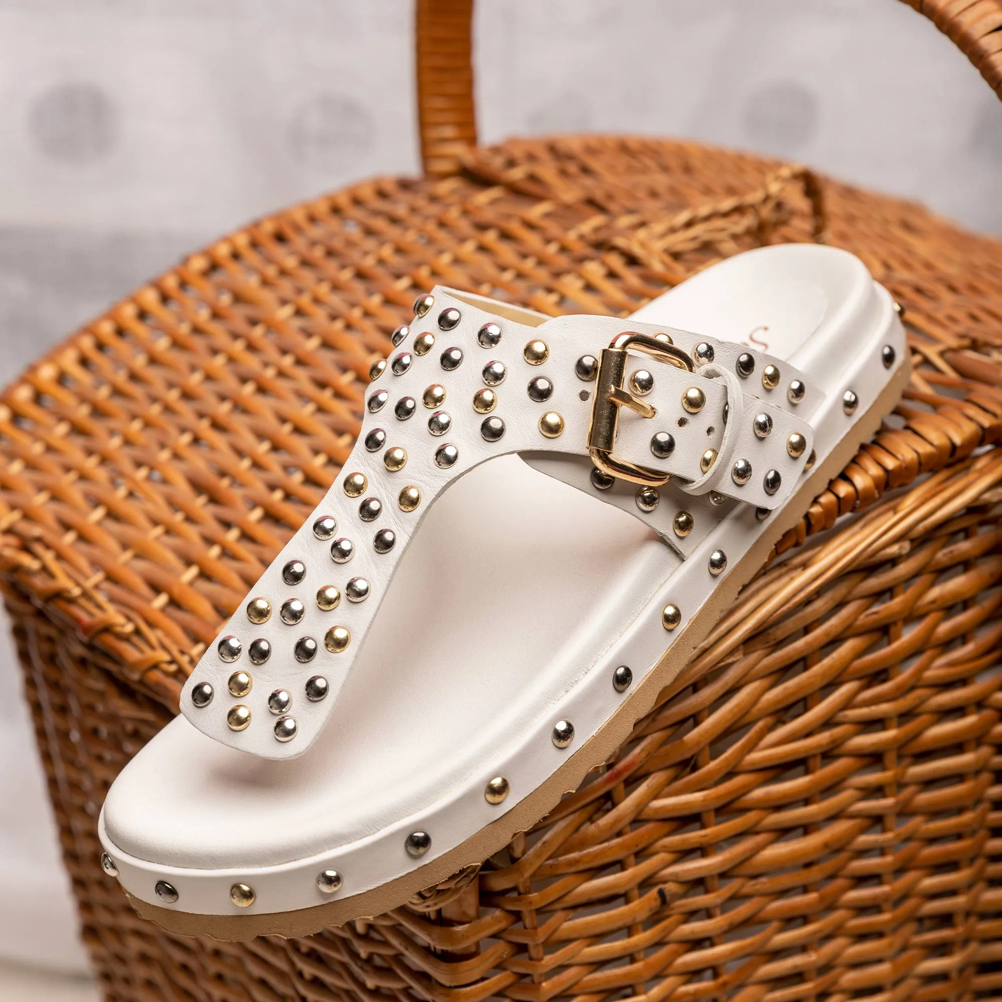 Boston Studded Buckle White Leather Sandal