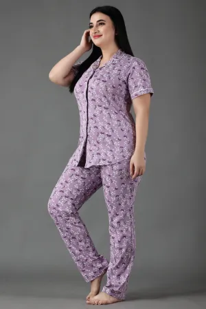 Butterfly Printed Night Suit Set-Light Purple