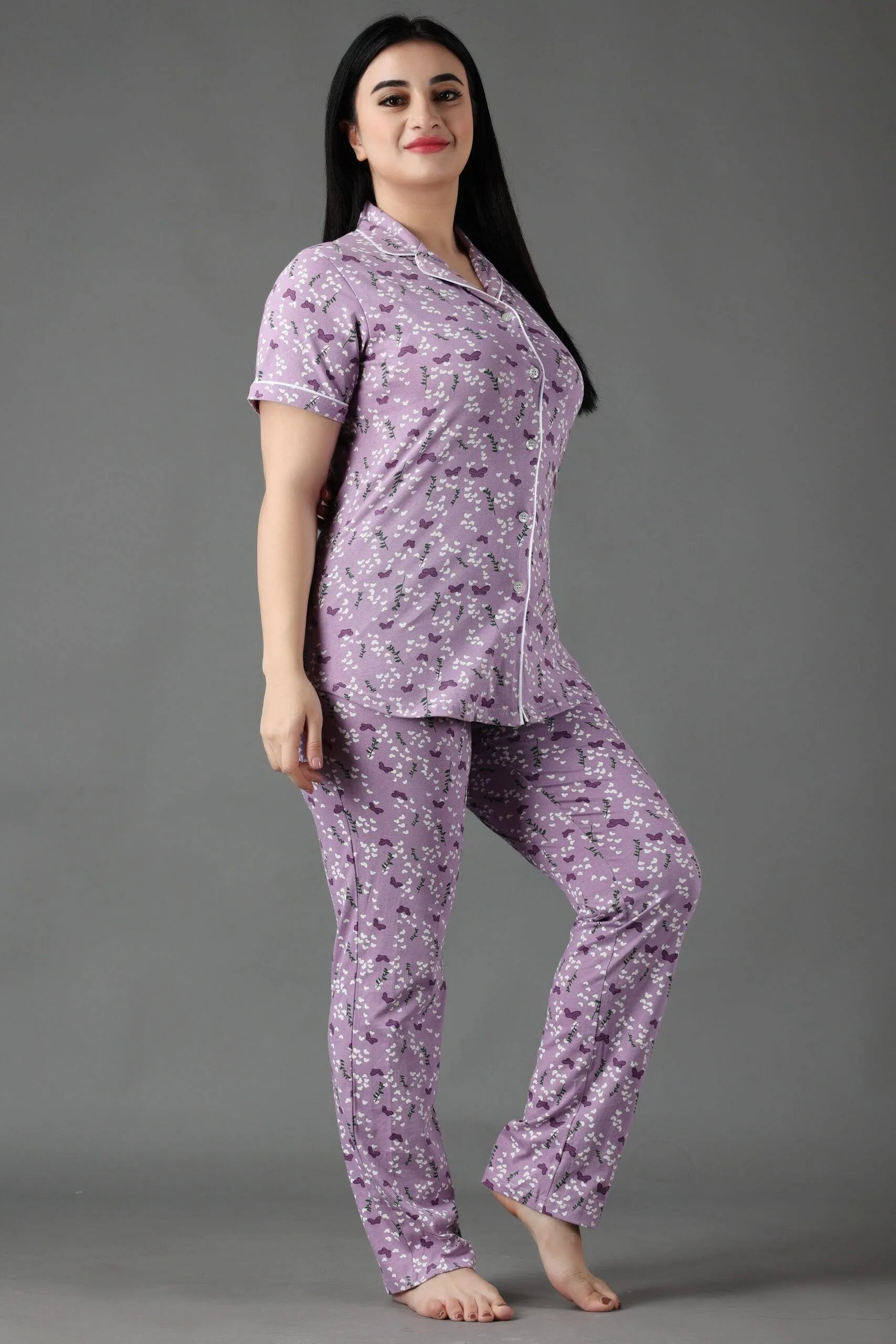 Butterfly Printed Night Suit Set-Light Purple