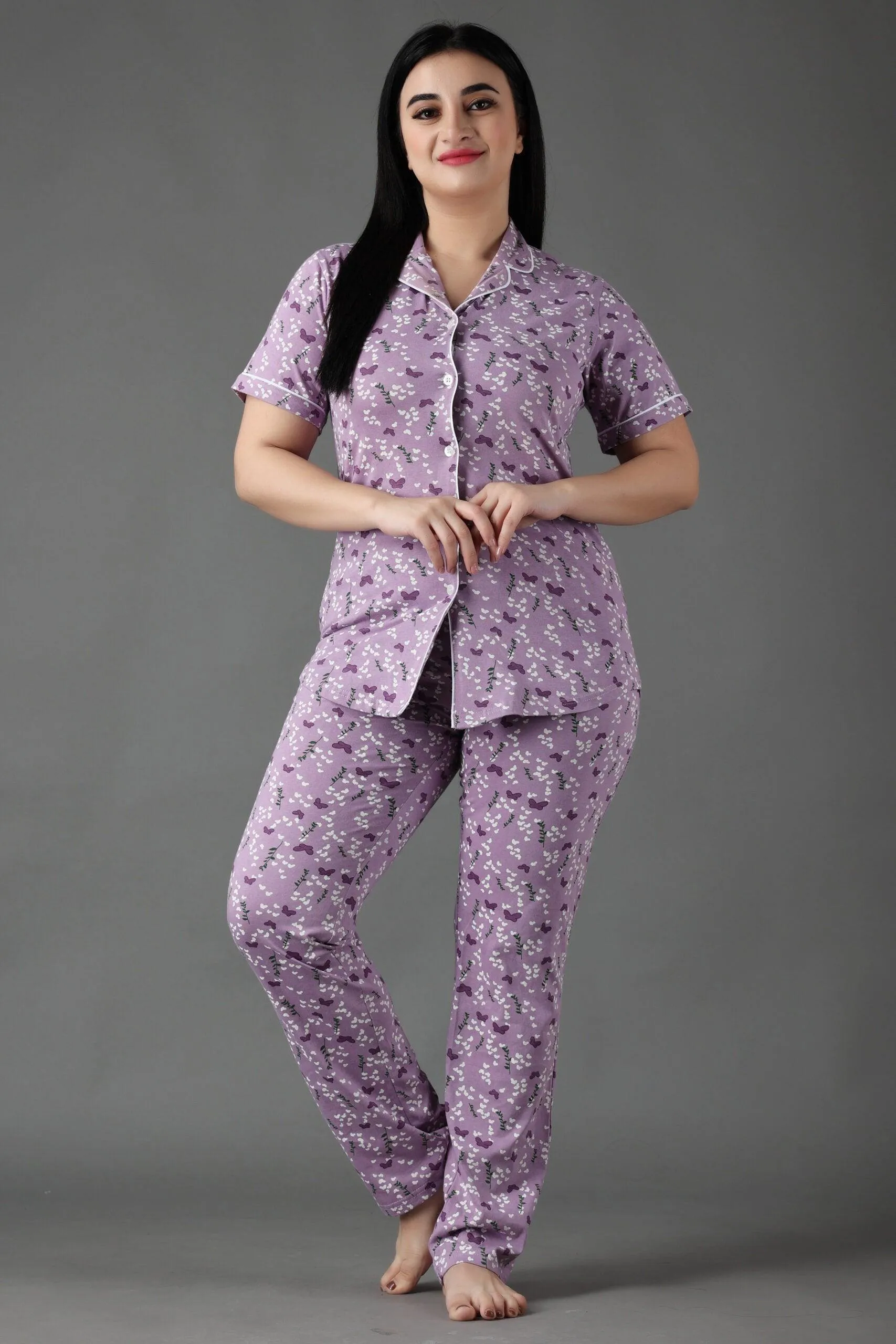 Butterfly Printed Night Suit Set-Light Purple