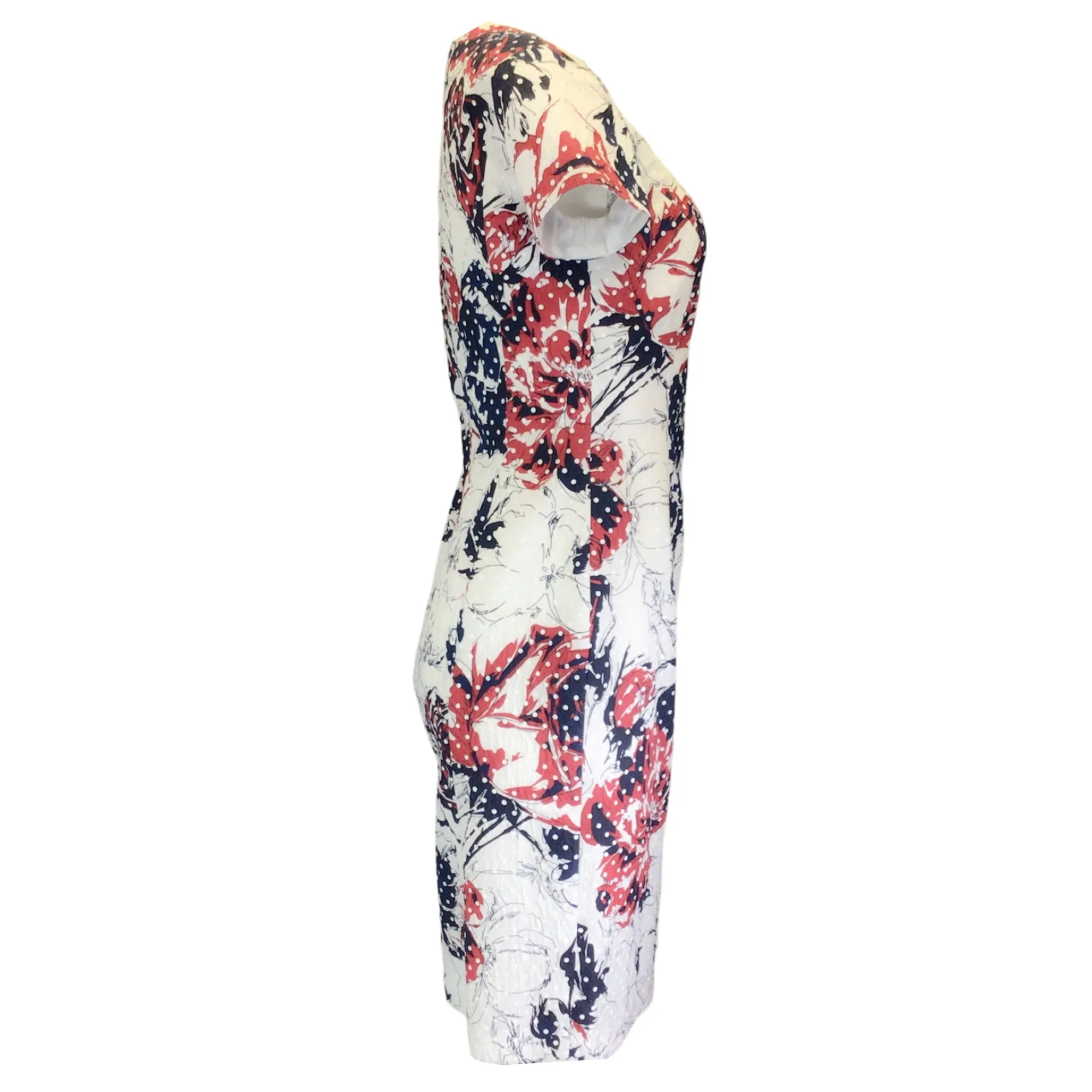 Carolina Herrera White / Red / Blue Floral Printed Short Sleeved Dress