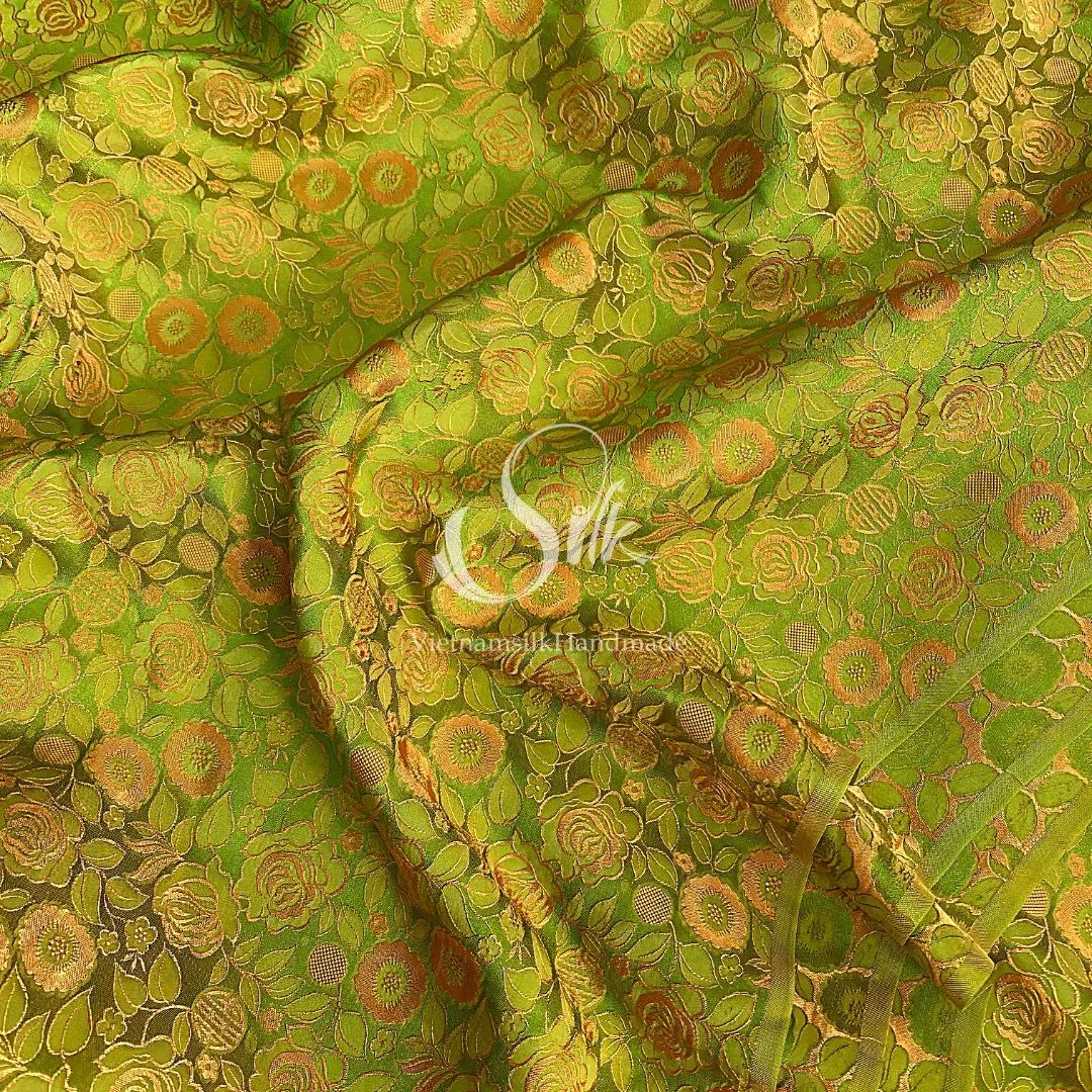 Chartreuse Silk with Yellow Rose Flowers- PURE MULBERRY SILK fabric by the yard -  Floral Silk -Luxury Silk - Natural silk - Handmade in VietNam