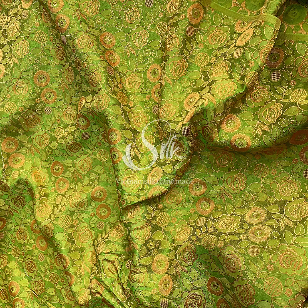 Chartreuse Silk with Yellow Rose Flowers- PURE MULBERRY SILK fabric by the yard -  Floral Silk -Luxury Silk - Natural silk - Handmade in VietNam