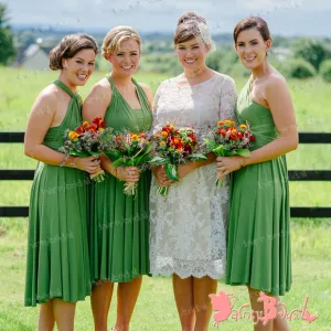 Cheap Charming Popular Bud Green Jersey Convertible Knee-Length Short  Bridesmaid Dresses,DB093