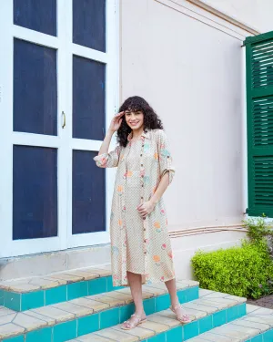 CREAM LONG ALINE SHIRT WITH PRINTED SLIP