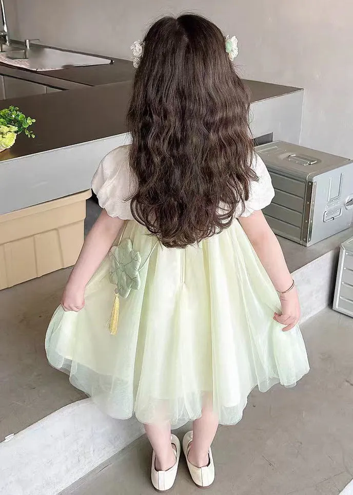 Cute Light Green Square Collar Patchwork Tulle Kids Long Dresses Short Sleeve MN008