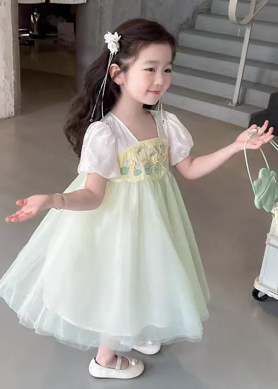 Cute Light Green Square Collar Patchwork Tulle Kids Long Dresses Short Sleeve MN008