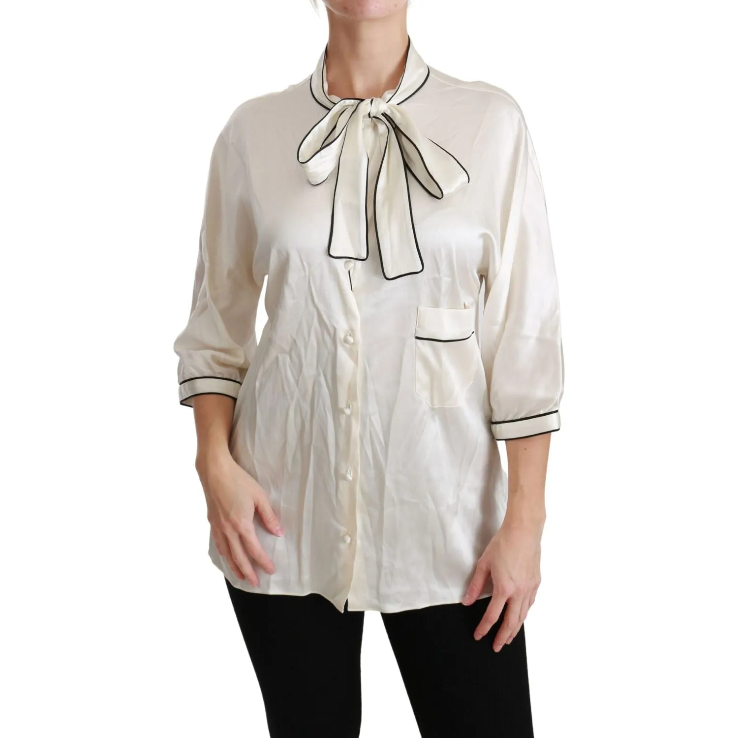 Dolce & Gabbana Elegant Beige Silk Blouse with Bow Scarf