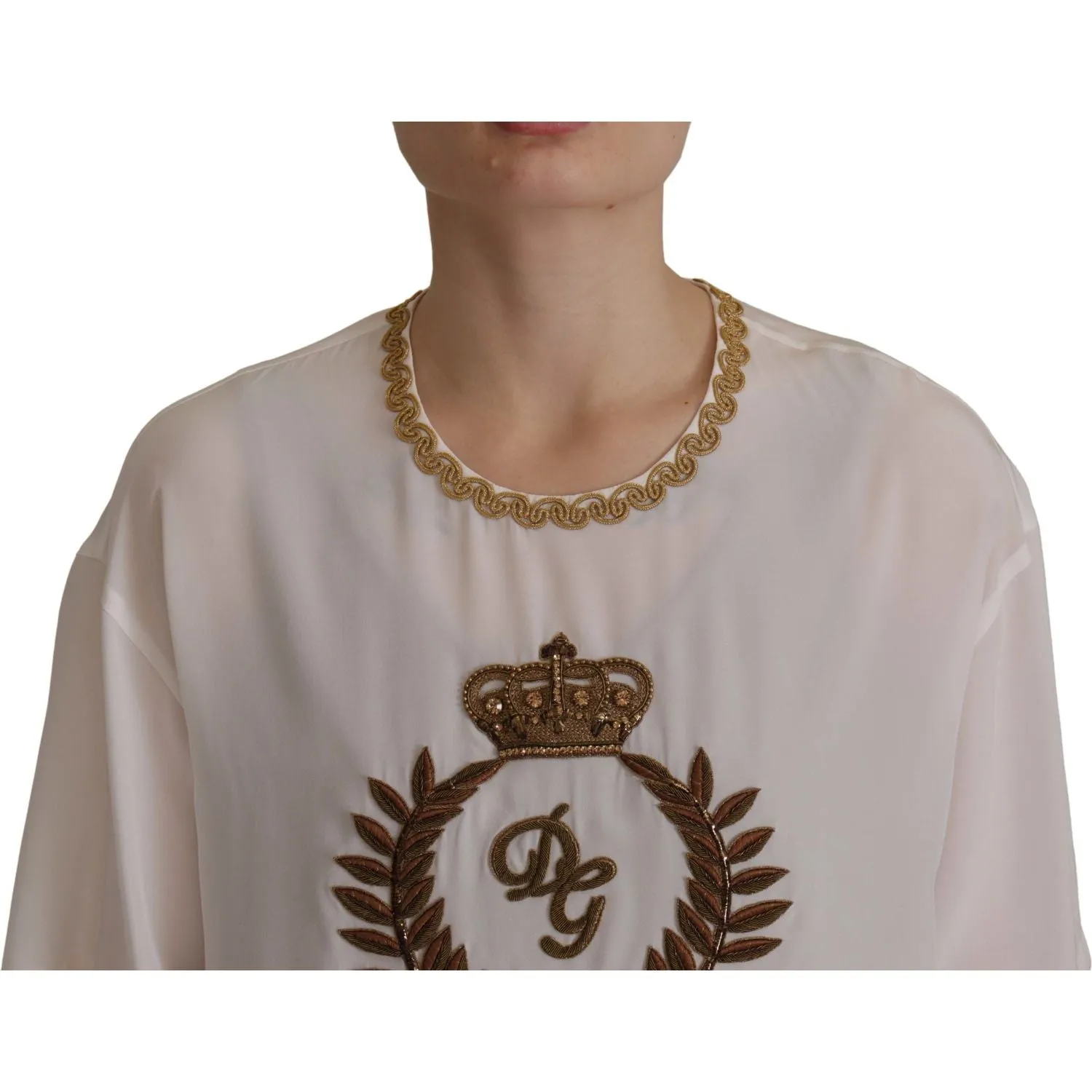 Dolce & Gabbana Elegant Silk Blouse with Gold Crown Embroidery