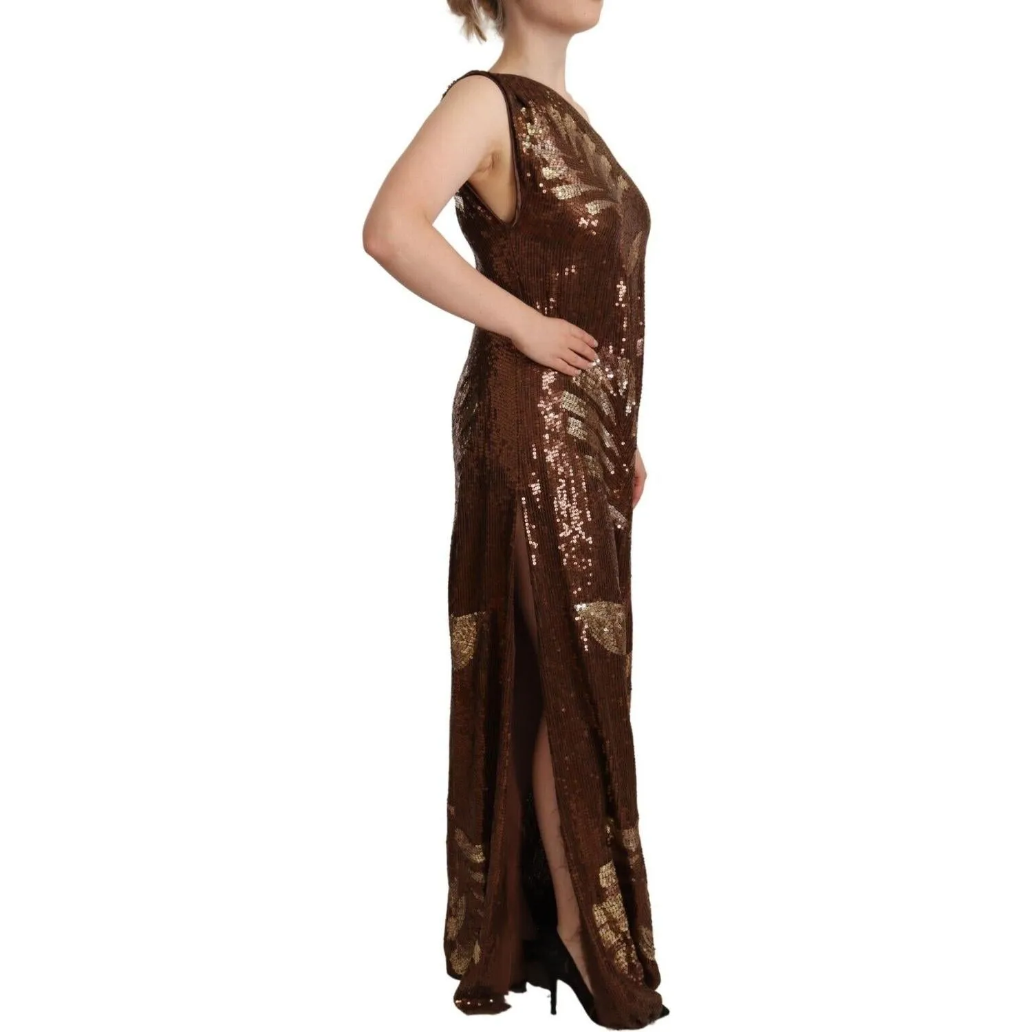 Dsquared² Brown Leaf Sequined Shift One Shoulder Long Dress