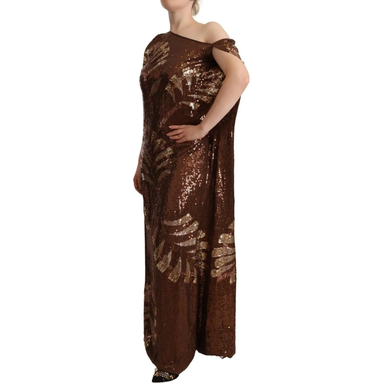 Dsquared² Brown Leaf Sequined Shift One Shoulder Long Dress