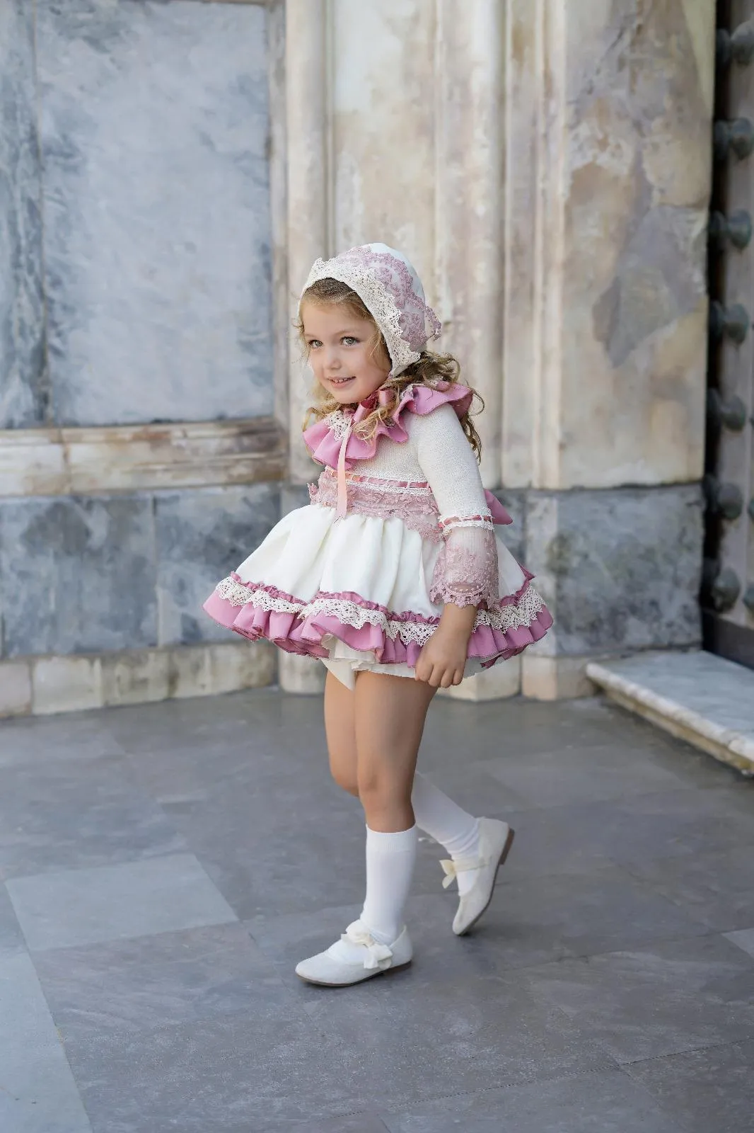 Ela Confeccion AW24 PRE-ORDER - Girls Cream and Pink Dress & Knickers