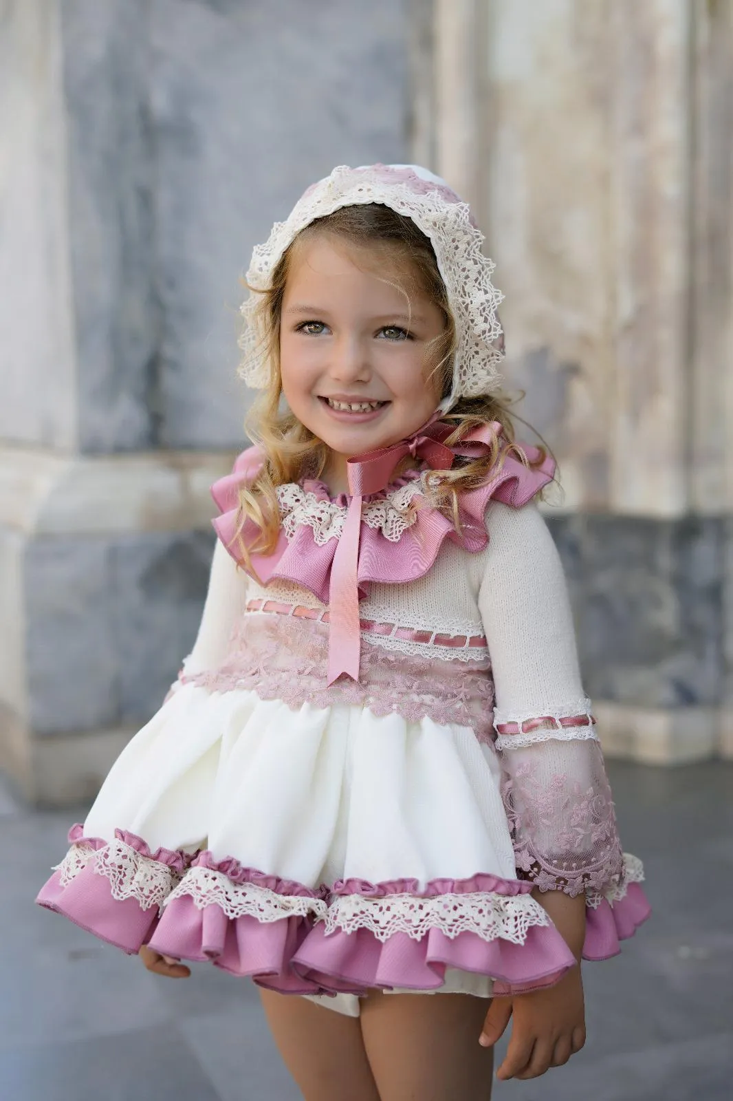 Ela Confeccion AW24 PRE-ORDER - Girls Cream and Pink Dress & Knickers