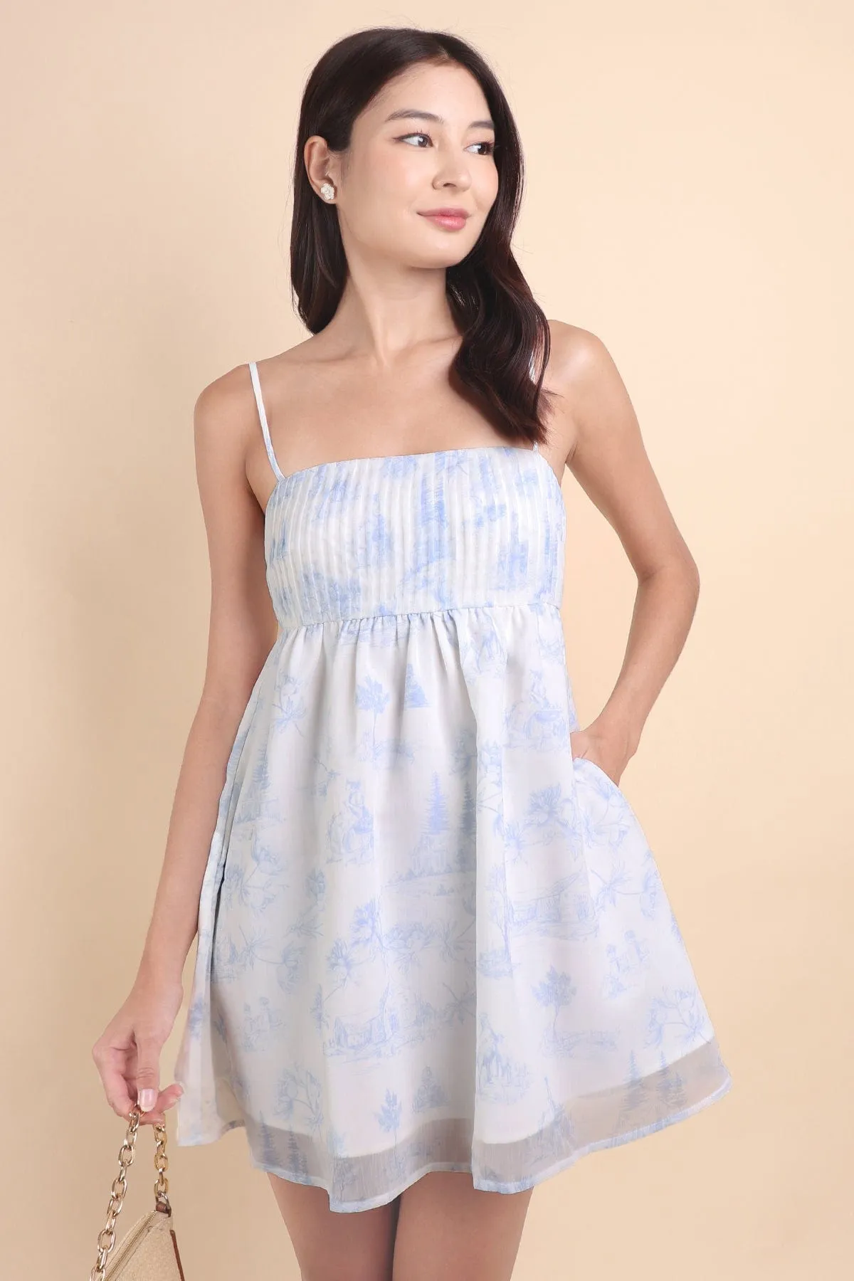 FRENCH TOILE BABYDOLL DRESS IN BLUE