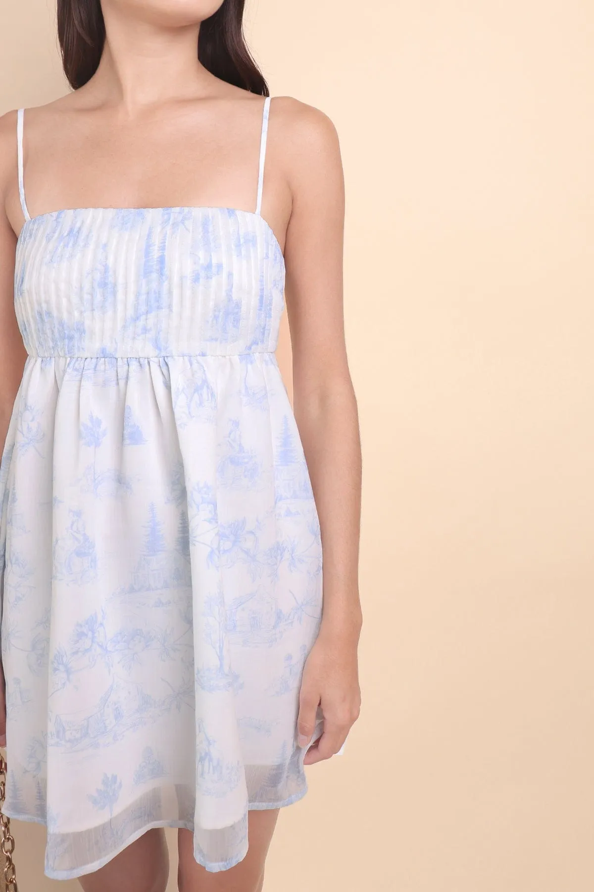 FRENCH TOILE BABYDOLL DRESS IN BLUE