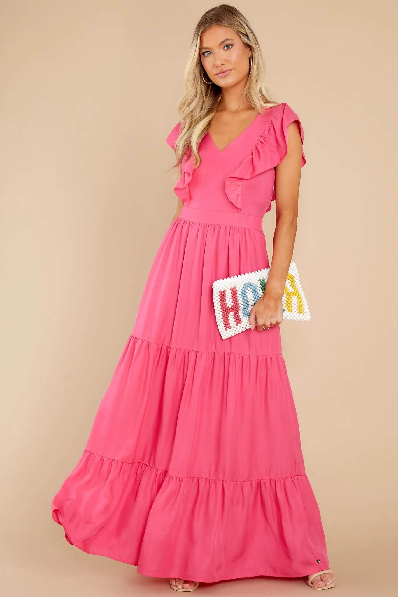 Gleaming Goddess Paradise Pink V-Neck Open Back Maxi Dress