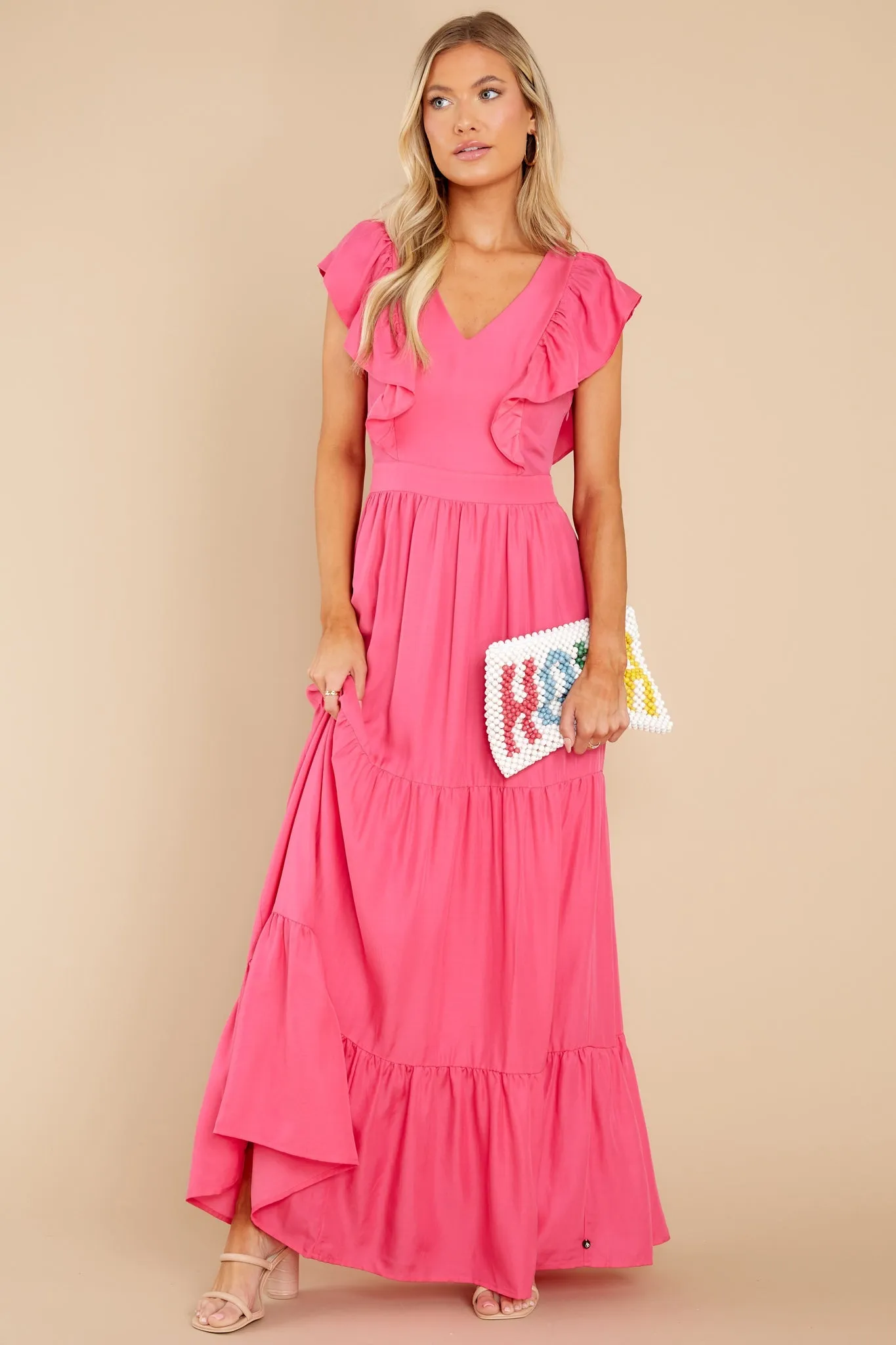 Gleaming Goddess Paradise Pink V-Neck Open Back Maxi Dress