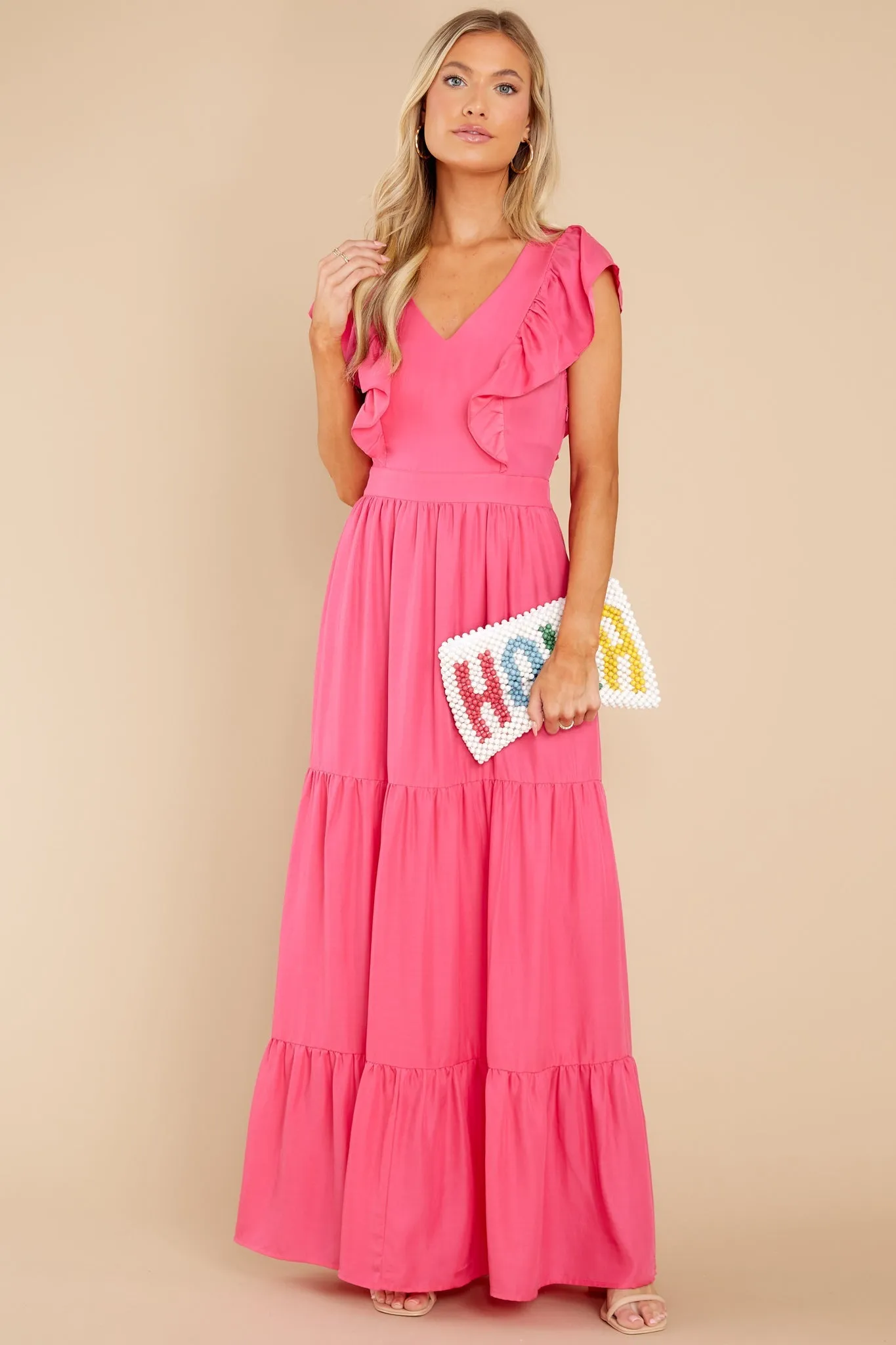 Gleaming Goddess Paradise Pink V-Neck Open Back Maxi Dress