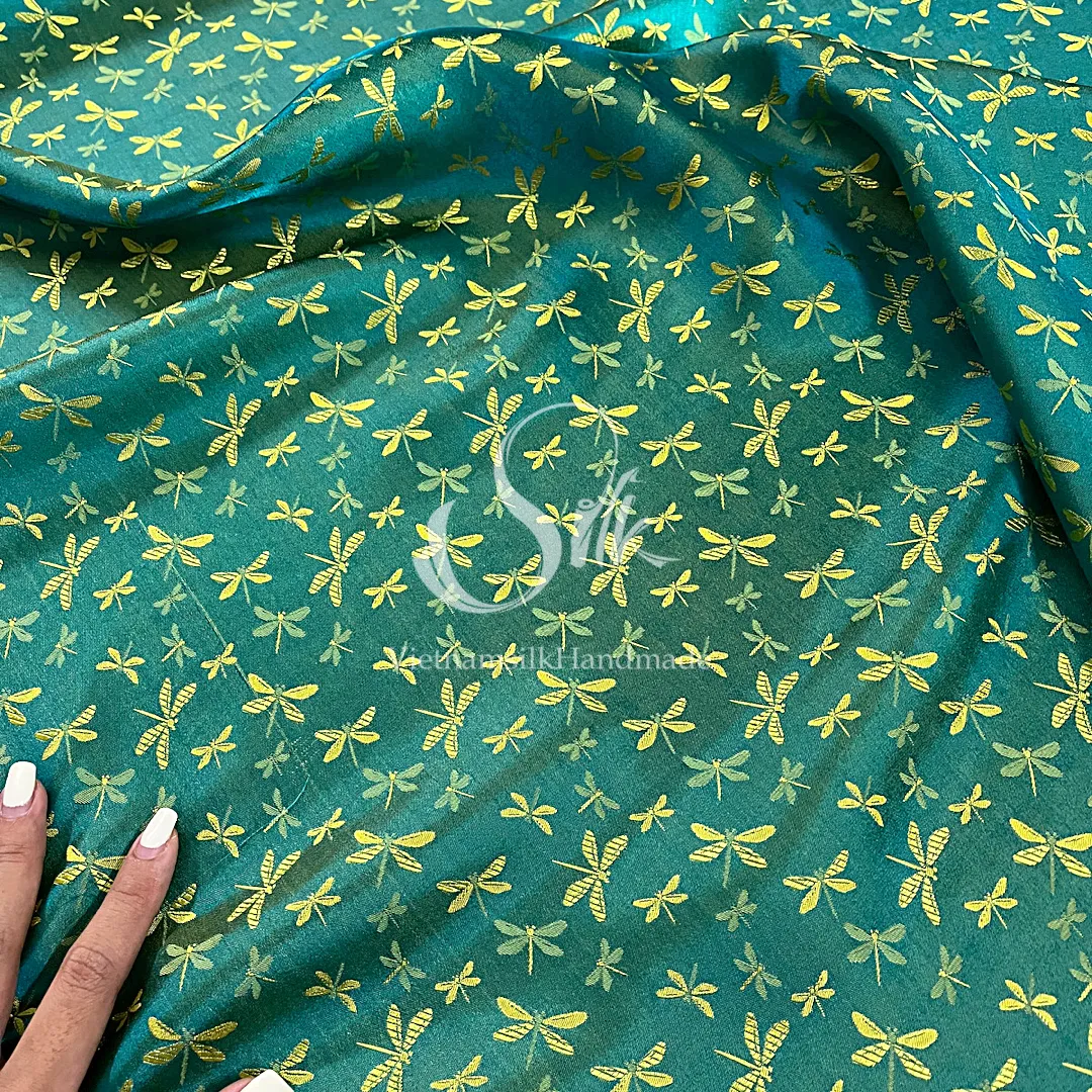 Green silk with Yellow Dragonfly patterns - PURE MULBERRY SILK fabric by the yard - Gragonfly silk -Luxury Silk - Natural silk - Handmade in VietNam- Silk with Design