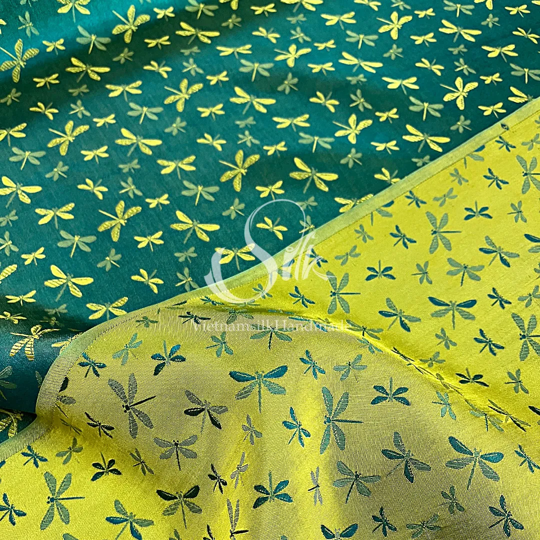 Green silk with Yellow Dragonfly patterns - PURE MULBERRY SILK fabric by the yard - Gragonfly silk -Luxury Silk - Natural silk - Handmade in VietNam- Silk with Design