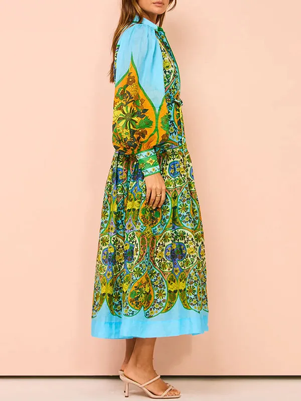 High Waisted Loose Puff Sleeves Belted Floral Printed Lapel Midi Dresses