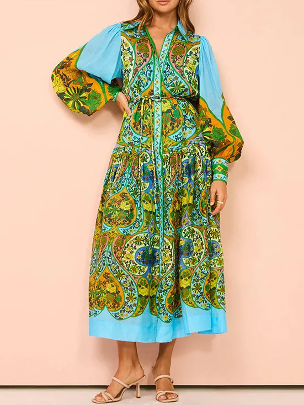 High Waisted Loose Puff Sleeves Belted Floral Printed Lapel Midi Dresses