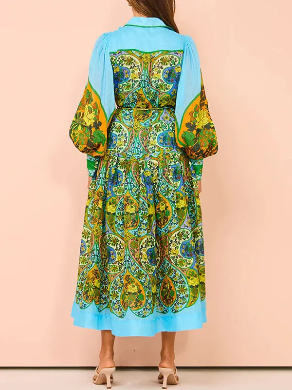 High Waisted Loose Puff Sleeves Belted Floral Printed Lapel Midi Dresses